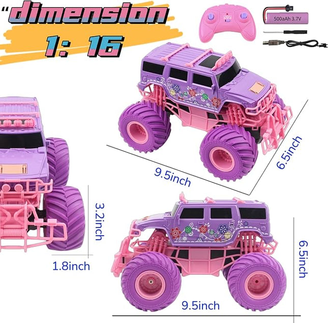 1:16 Scale RC Cars - All-Terrain Off-Road Monster Truck & Hummer, 2.4GHz Remote Control Vehicle Toys for Girls Ages 6-12 (Pink/Purple) | Box Included