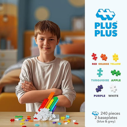 PLUS PLUS 240 Piece Interlocking Building Blocks for Kids, Open Ended Connecting Toys, STEM Bin Mini Manipulatives - Rainbow Mix Play Tube & Baseplate