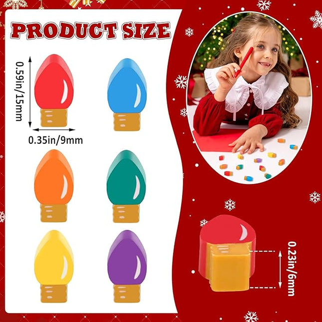 JUNEBRUSHS 150Pcs Christmas Erasers for Bulk, Cute Mini Light Bulb Pencil Erasers Novelty Holiday Erasers for Rewards Prizes Christmas Gifts Xmas Stocking Stuffers