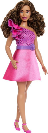 Barbie Fashionistas Doll #225, Curvy Body Type with Brown Hair, Pink Sparkly Dress & Accessories, 65th Anniversary Collectible Toy