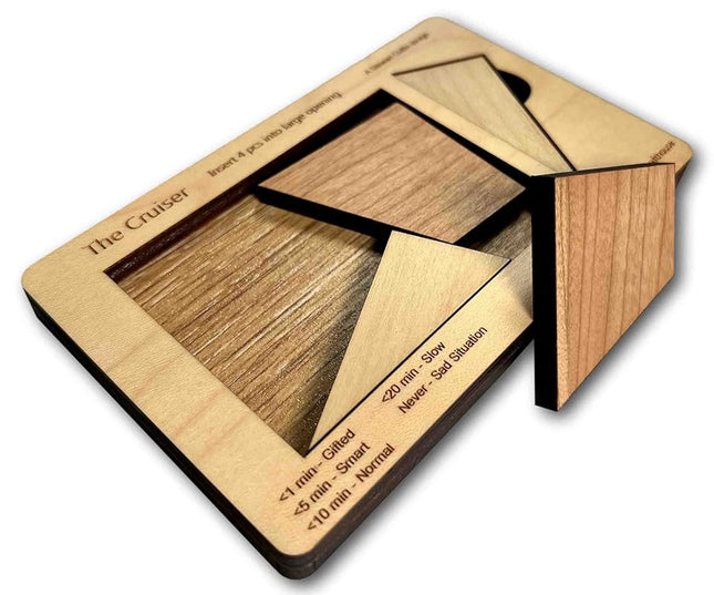 Perfect Gift for Puzzle Lovers - The Cruiser - 4 Piece Wooden Brain Teaser - Desktop and Coffee Table Fidget Toys