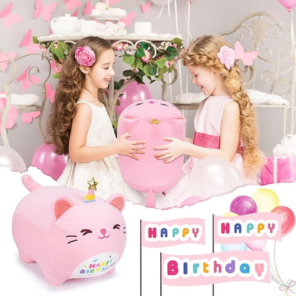 Auspicious beginning Pink Birthday Cat Plush Stuffed Animals-Gifts for Girlfriend, 16'' Pink Plush Pillow, Kawaii Plushies Kitten Body Pillow Cat Plushie, Kitten Plush Pillow Kids