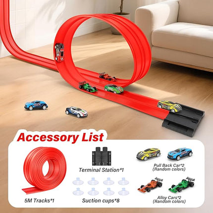 KETIEE Flex Tracks 16Ft for Kids: Flexible Race Car Ramp Track with 4 Small Racecars and 8 Suction Cups Compatible with Hot Wheels and Diecast 1/64th Cars, Rolls Up Portable Racetrack for Ages 3 & Up
