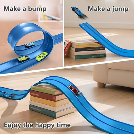 Flex Tracks 15 Ft for Kids, Flexible Race Car Ramp Track with Hot Wheels and Diecast 1/64th Cars, Double-Sided Racetrack with 2 Small Racecars, Toys Gifts for Age 3 4 5 6 7 Years Old Boys Girls Kids
