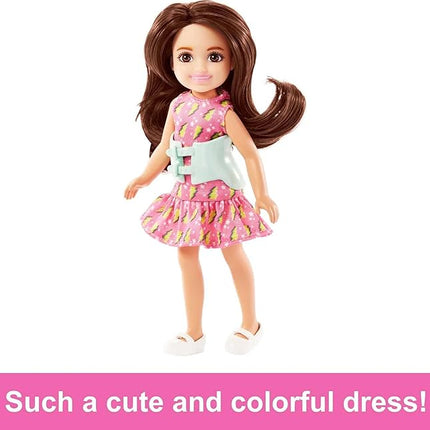 Barbie Chelsea Doll, Small Doll with Brace for Scoliosis Spine Curvature, Brunette Wearing Pink Lightning Bolt Dress