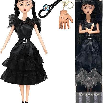 11.5'' Addams Doll, Black Dress, High Heels, and Hair, Christmas Decoration Perfect ChristmasToy Gift for Girls & Fans（A1）