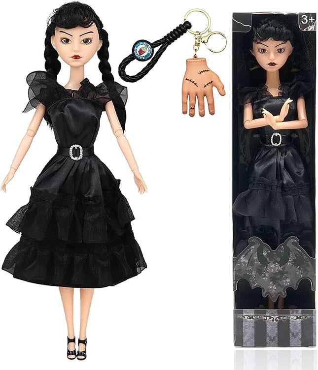 11.5'' Addams Doll, Black Dress, High Heels, and Hair, Christmas Decoration Perfect ChristmasToy Gift for Girls & Fans（A1）