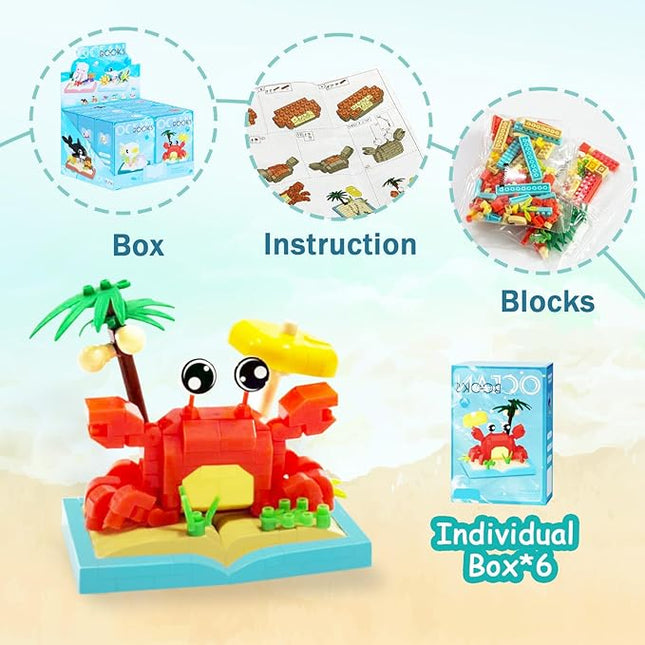 6 Packs Ocean Animals Building Blocks, Marine Life Building Set Toy, Mini Party Favors for Birthday Party Gifts，Goodie Bags Stuffers for Ages Boys Girls