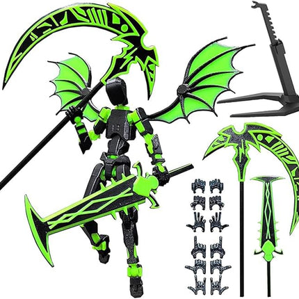 (Assembly Completed) T13 Action Figures Set Lucky Dummy Nova 13 Action Figure Robot Anime Stick Figures Fidget Toys for Boys Multi Movable Joints Gifts Toys for Kids (Black Green)