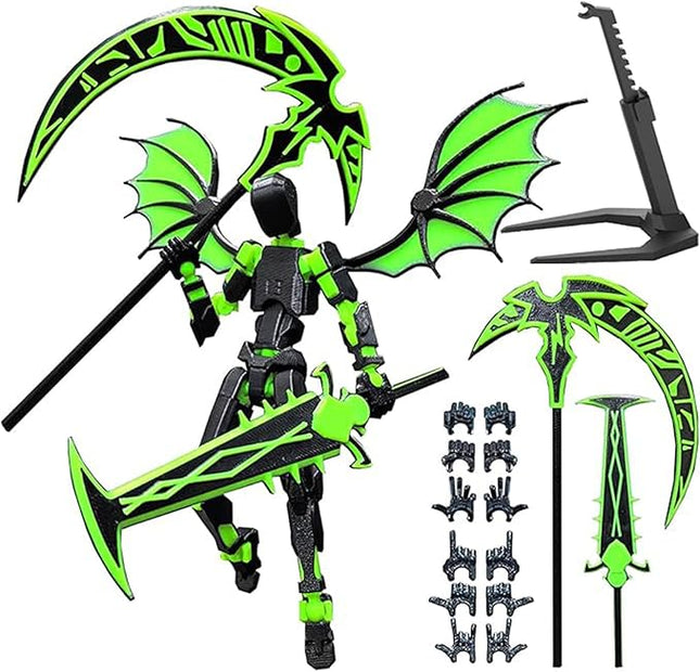 (Assembly Completed) T13 Action Figures Set Lucky Dummy Nova 13 Action Figure Robot Anime Stick Figures Fidget Toys for Boys Multi Movable Joints Gifts Toys for Kids (Black Green)