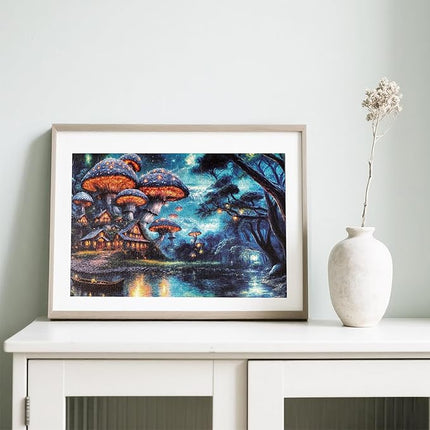1000 Piece Fantasy Mushroom Forest Sparkling Jigsaw Puzzle for Adults – Glowing Fairy Houses, Enchanted Woods & Magical Waterfall – Dreamlike Whimsical Landscape Puzzle Gift