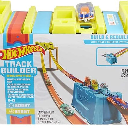 Hot Wheels Toy Car Track Builder Playset, Multi-Lane Speed Box, 18 Component Parts with Storage & 2 1:64 Scale Vehicles