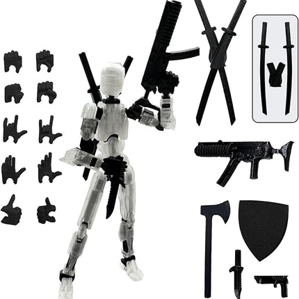 (Assembly Completed) 3D Printed Figure 5.54-inch Dummy13 with Weapon Expansion Set, Full Body Mechanical Movable Toy, Desk Decoration. (Transparent)