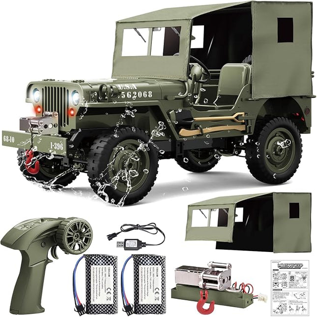 RC Jeep 1/10 Scale Willys Hobby RC Car Off-Road Military Crawler, 2.4Ghz Military Truck 4WD RC Crawler with Light, Tarpaulin, Metal Shaft, 4x4 Off Road Vehicle RTR Jeep Car, 2 Batteries