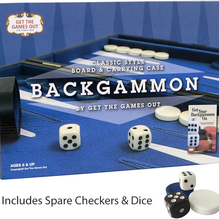 Get The Games Out Top Backgammon Set - Classic Board Game Case - Best Strategy & Tip Guide - Available in Small, Medium and Large Sizes (Blue, Large)