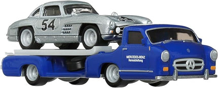 Hot Wheels Team Transport Culture Die-cast Cars, Mercedes-Benz 300 SL, MB Blaues Wunder Flatbed Truck, 1:64 Scale Model
