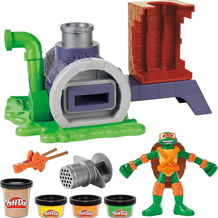 Play-Doh Teenage Mutant Ninja Turtles Slice & Blast Pizza Playset, Bendy 4 Inch Mikey Action Figure, Kids Arts & Crafts, TMNT Toys for Boys & Girls 4+