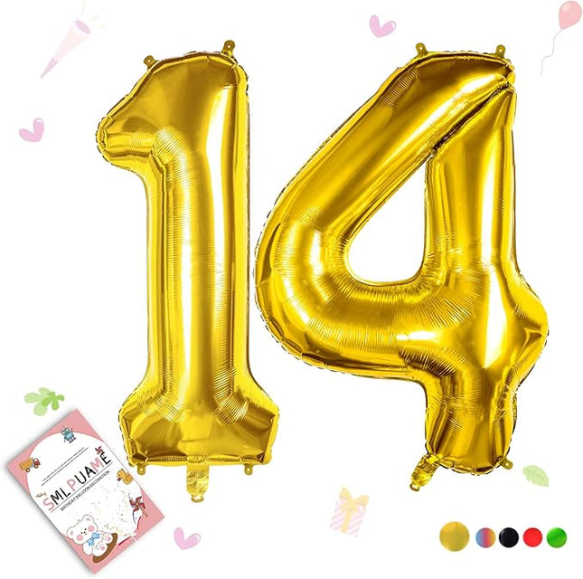 Smlpuame Gold Balloon, 40 inch Number 14 Foil, for Birthday, Graduation, Wedding Anniversary Decorations, Includes Glue, Tying Tool