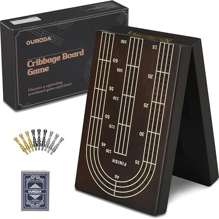 15.5'' Cribbage Board Game Set with Magnetic Lock, Folding Wooden Continuous 3 Track Scoreboard with Large Slots for Storing 1 Playing Cards and 9 Metal Pegs, Travel Game for Family Kid Adult