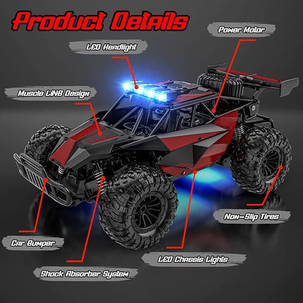 BLUEJAY Remote Control Car, 2.4GHz High Speed 33KM/H RC Cars Toys, 1:12 Monster RC Truck Off Road with LED Headlight and Rechargeable Battery Gifts for Adults Boys 8-12