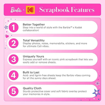 KODAK x Barbie Pink 8x8” Cloth Covered Scrapbook Photo Album with Front Picture Window for Barbie Instant 2x3” ZINK Zero Ink Photo Paper Projects