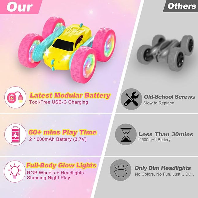 Remote Control Car, RC Cars for Girls, Double-Sided 4WD Stunt Car with RGB Lights & 360° Flips, USB-C Modular Batteries, Toys for Ages 5–7, Birthday Gift for 6+ Year Old Girl, Yellow-Pink