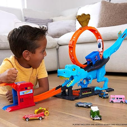 Hot Wheels City Track Set with 1 Toy Car, Race Through a Giant Loop to Defeat a Big Dinosaur, T-Rex Loop Stunt and Race Playset
