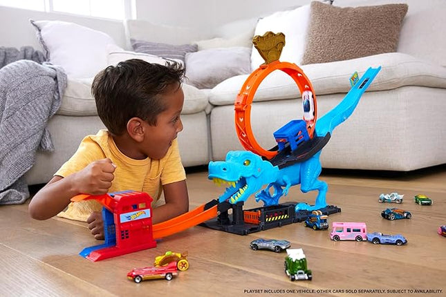 Hot Wheels City Track Set with 1 Toy Car, Race Through a Giant Loop to Defeat a Big Dinosaur, T-Rex Loop Stunt and Race Playset