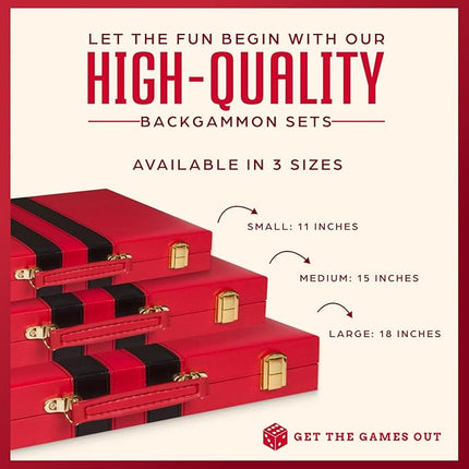 Get The Games Out Top Backgammon Set - Classic Board Game Case - Best Strategy & Tip Guide - Available in Small, Medium and Large Sizes (Red, Large)