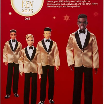 Barbie Signature 2025 Holiday Dark Brown Hair Ken Collectible Fashion Doll Wearing Full Suit with Golden Jacket in Displayable Packaging & Doll Stand