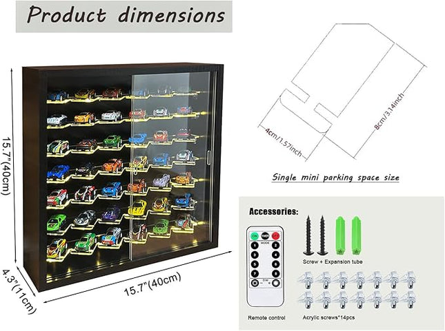 1/64 Cars Display Case with Lighted Wall Mounted Black Display Cabinet with Acrylic Shelves at 45-Degree Angle and Door Storage for 42 Hot Diecast Wheels Toy Cars