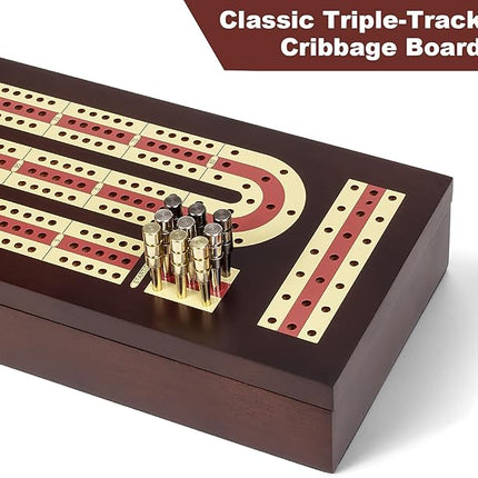 Cribbage Board Game Set, Premium Wooden Board with Magnetic Lock and Metal Pegs, 2 Playing Cards, and Large Storage - Travel-Friendly Continuous 3 Track Board