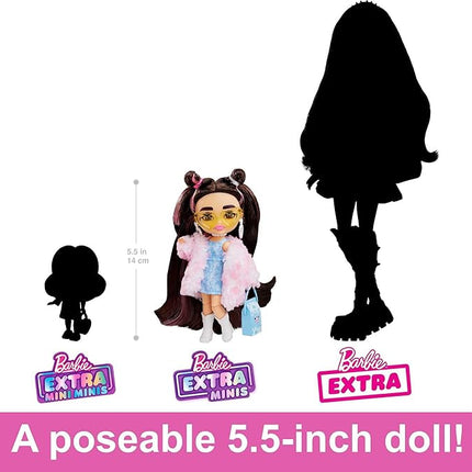 Barbie Extra Minis Doll & Accessories with Brunette Hair & Brown Eyes, Wearing a Pink Faux Fur Coat & Purse, 5.5-inch