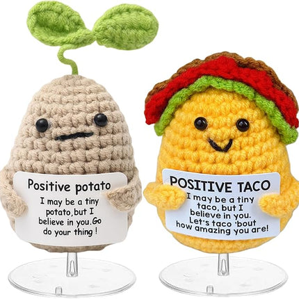 Mini Positive Cute Funny Life Potato and Taco Crochet Emotional Support Crochet Knitted Holding Card Crochet Birthday Christmas Girls Gifts Party Office Desk Decor
