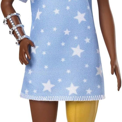 Barbie Fashionistas Doll #146 with 2 Twisted Braids & Prosthetic Leg Wearing Star-Print Dress, White Shoes & Arm Bracelet, Toy for Kids 3 to 8 Years Old