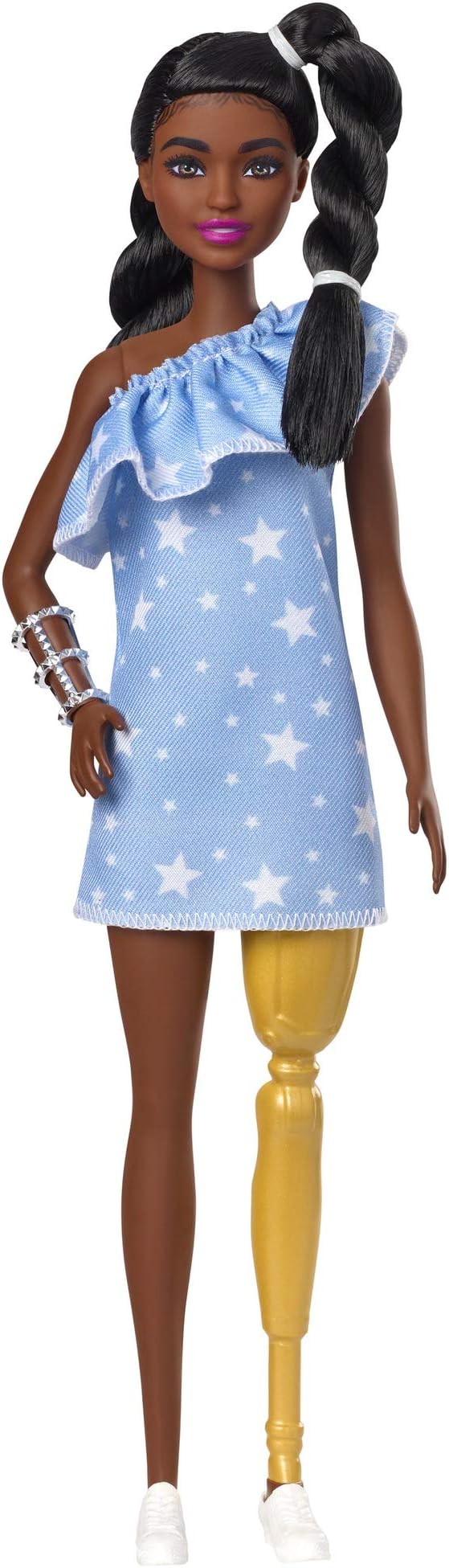 Barbie Fashionistas Doll #146 with 2 Twisted Braids & Prosthetic Leg Wearing Star-Print Dress, White Shoes & Arm Bracelet, Toy for Kids 3 to 8 Years Old