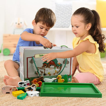 Wondertoys 164 Pcs Wooden Log Set Ranch Real Wood Logs Classic Building Log Ages 3+ Best Retro Farm Building Gift Set Creative Construction Engineering Educational Gifts