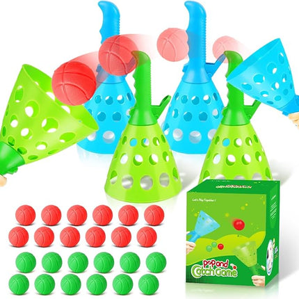 Duckura Outdoor Indoor Game Activities for Kids, Pop-Pass-Catch Ball Game with 4 Catch Launcher Baskets and 24 Balls, Easter Basket Stuffers Gifts Party Favors Beach Sport Toys for Kids Age 5 6 7 8 9+