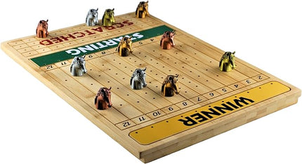 Metal Horse Race Board Game Set with Horse Racing Thick & Solid Wood Game Board(16”/Natural),11 Luxurious with 4Antique(Gold,Silver,Red Cooper&Bronze) Metal Craft Horses, Dice&Cards (HR-M554)