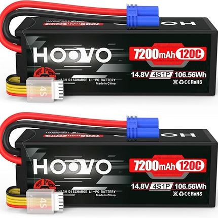 HOOVO 4S 14.8V 7200mAh 120C RC LiPo Battery Hard Case with EC5 Connector for RC Buggy Truggy Crawler Monster Car Boat Truck(2 Pack)
