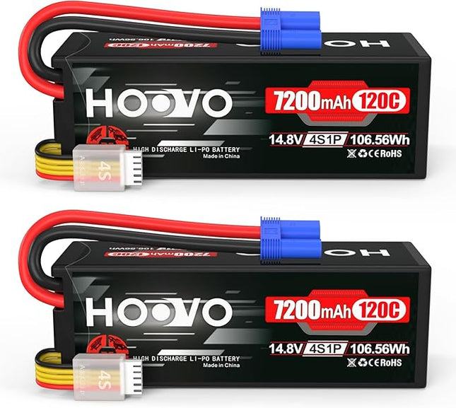 HOOVO 4S 14.8V 7200mAh 120C RC LiPo Battery Hard Case with EC5 Connector for RC Buggy Truggy Crawler Monster Car Boat Truck(2 Pack)