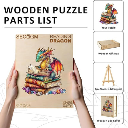 Wooden Puzzles for Adults - Reading Dragon Wood Puzzles Adult - Unique Animal Shape Wooden Jigsaw Puzzles for Adults - Birthday Gifts for Puzzle Lovers, Family (8.5 * 8.5in)