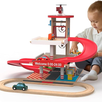 Toy Car Garage with Rails, Wooden Parking Garage Toy Playset w/Elevator, Toddler Race Car Ramp Track Toy Set with 4 Mini Cars for Old Boys and Girls Kids Ages 3+ Birthday Gift Christmas