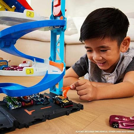 Hot Wheels City Toy Car Track Set, Transforming Race Tower, Single to Dual-Mode Racing, with 1:64 Scale Vehicle, 2 Ways to Play (Amazon Exclusive)