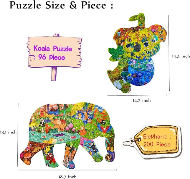 GAYISIC Puzzles for Kids Ages 8-10, 96 Pieces Koala and 200 Pieces Elephant Jigsaw Puzzles Unique Irregular Pieces Gift for 4 6 8 10 Years Old Boys and Girl Birthday