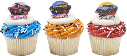 Hot Wheels™ Rings | 24 Epic Stunt Cupcake Toppers | DecoPac Hot Wheels Cars Cake Decorations, Multi-colored, Food Safe & Ready To Use - 24 Pack