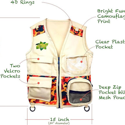 Safari Kidz Outdoor Explorer Kit - Orange Camouflage Cargo Vest and Hat Set, Backyard Nature Adventures, Washable Costume, Age 3+
