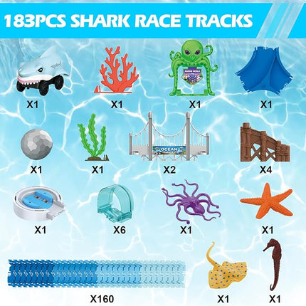 VATOS Track Toys 183 Pcs Shark Race Car Toys for Boys Girls 3 4 5 6 7 9 Year, Bendable Flexible Racetrack Cars with Shark & Ball, Ocean Theme Train Toys, STEM Educational Playset Birthday Gift