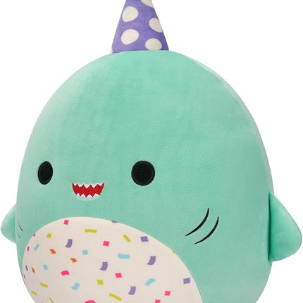 Squishmallows Original 12-Inch Sharon The Teal Shark with Party Hat + Confetti Belly - Official Jazwares “Happy Birthday” Plush (Medium-Sized)