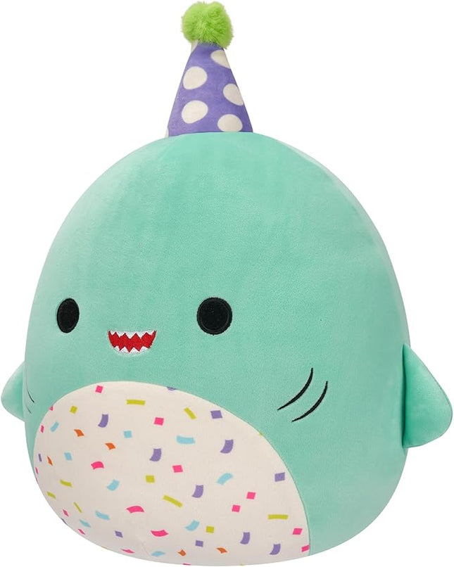 Squishmallows Original 12-Inch Sharon The Teal Shark with Party Hat + Confetti Belly - Official Jazwares “Happy Birthday” Plush (Medium-Sized)